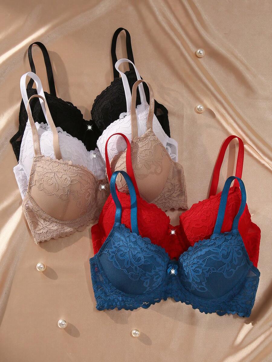 5pcs/Set Romantic Lace Gather Bras, Lift & Enhance Small Bust, Adjustable Everyday Wear - Multicolor - View 1