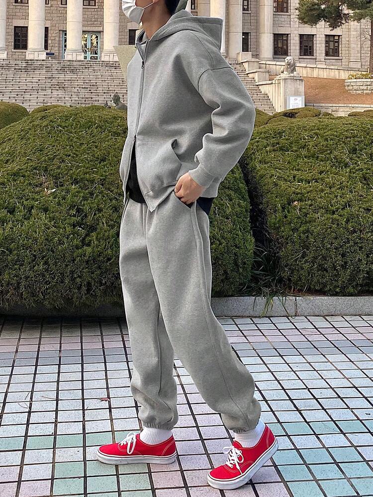 Men's Thermal Lined Gray Zip-Up Hoodie And Drawstring Waist Sweatpants Set, Autumn/Winter