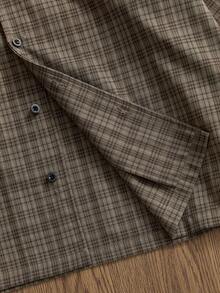 SWAVVY 男士休闲格子拼接前开襟二合一衬衫，秋季款 - 咖啡棕 - 查看 3