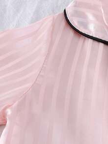 Baby Girls Satain Pajamas-2 Piece Collared Long Sleeve Button Front Pajama Set With Long Pants Pink Striped And White Bow Print Black Piping All Season Sleepwear Cozy Gentle For Naptime Playtime Family Matching Gift 2026 Holiday Must Have Spring To Summer - Multicolor - View 4