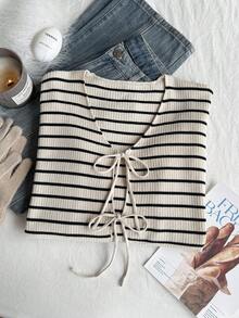 Comfortcana Plus Size Women Casual Striped Tie Front Loose Cardigan, Autumn/Winter,Fall Clothes For Women Striped Striped Knit Top Striped Sweater - Black - View 7