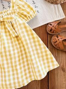 SHEIN Đầm suông tay ngắn họa tiết kẻ caro vàng dễ thương cho bé gái đi nghỉ hè - Màu vàng - Xem 6