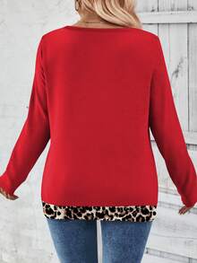 EMERY ROSE 女士秋冬新款豹纹拼接领口及下摆长袖休闲加大码T恤 - 紅色 - 查看 2