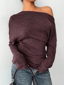 Aloruh 纯色褶皱休闲百搭长袖不对称领针织上衣 - 酒紅色 - 查看 5