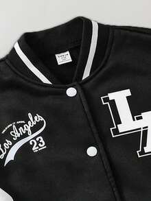 Coolqubz 男童休闲学院风印花棒球夹克，适合休闲、运动和校园穿着 - 黑與白 - 查看 5