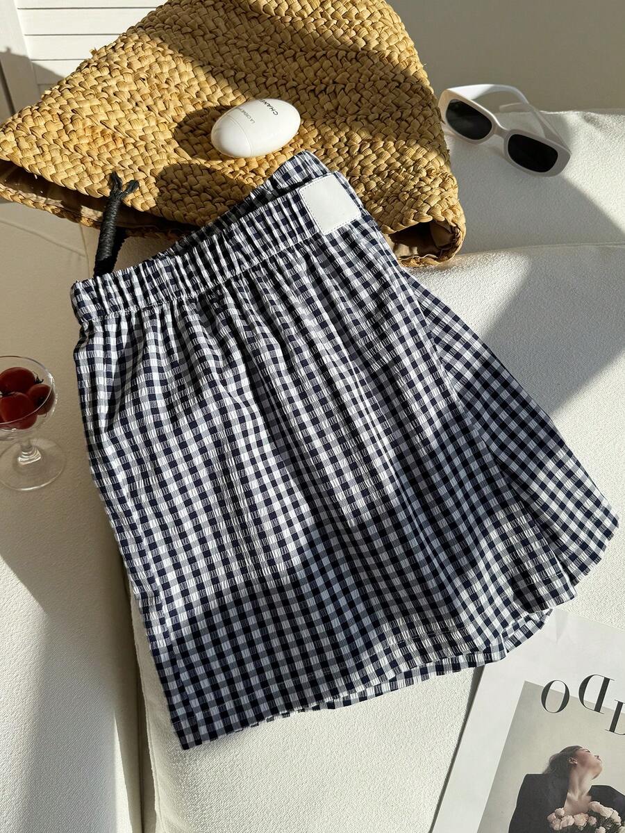 Comfortcana Plus Size Summer Plaid Pattern Casual Shorts For Daily Wear, Minimalist Design - Blue - View 1