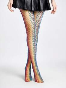 ROMWE Goth 1pair Women's White Asymmetrical Ripped Fishnet Stockings, All Seasons - Multicolor - View 4