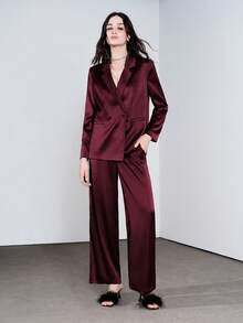 Lumivelle Bộ vest màu đỏ tía ve satin thời trang công sở dành cho nữ - Màu Đỏ Sâu - Xem 3