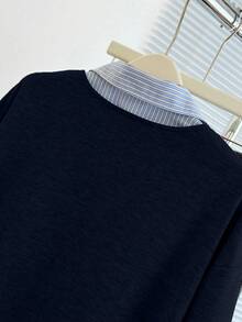 SHEIN Casual Striped Patchwork Sweatshirt, Autumn - Navy Blue - View 4