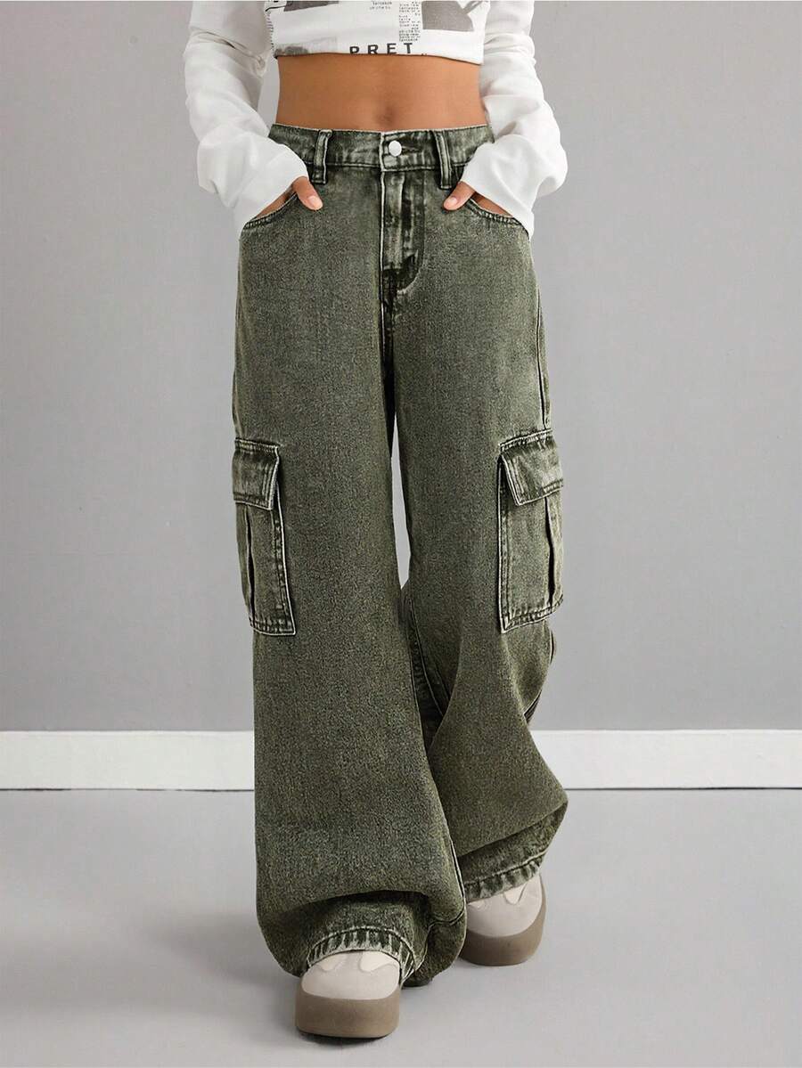 Tween-Mädchen Stilvolle Vintage Stonewashed Oversized Grüne Denim Cargo Jeans für Herbst/Winter Alltagskleidung, Streetwear, Weihnachten, Neujahr, Thanksgiving, Modisch