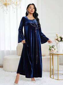 Al Najma Women's Elegant Party Rhinestone Decorated Arabic Style Dress Velvet Long Sleeve Dress Luxury Dress For Women - Blue - View 3