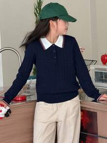 DAZY 少女条纹高领长袖休闲毛衣，秋冬季 - 藏蓝色 - 查看 5