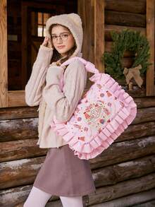HARRY POTTER X SHEIN Print Large Capacity Soft Pillow Bag, Pink Kawaii Ruffle Shoulder Purse, Y2K Handbag For Daily & School Outfits - Pink - View 3