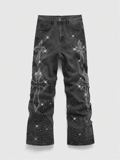 Goth بنطلون جينز رجالي بقصة فضفاضة وساق مستقيمة مع جيوب مزينة بالراين كريستال