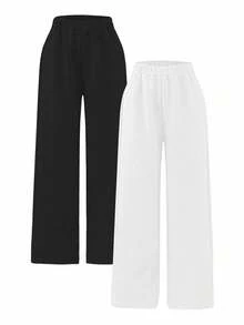 Vacaura 2 piezas Ropa deportiva y de estar en casa versátil y cómoda para adolescentes en primavera/verano, 2 colores combo gris y negro