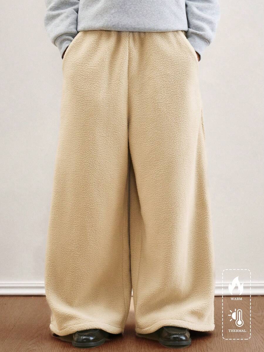 TOKVUE 男士纯色弹力腰带口袋阔腿宽松休闲运动裤,带保暖内衬 - 杏色 - 查看 1