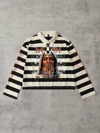 Polo a maniche lunghe da uomo con stampa a figura di strada e righe