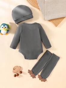 新生男宝宝黑色长袖卡通可爱小企鹅印花连体衣和帽子，含袜套三件套，舒适面料，适合拍照派对 - 灰色 - 查看 2