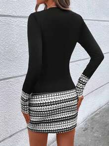 EMERY ROSE Spring/Autumn Black & White Geometric Pattern Patchwork Fitted Casual Dress, Stylish Party Dress - Black and White - View 2