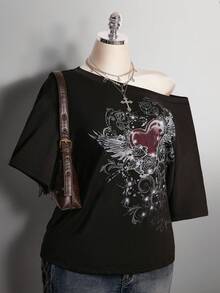 SHEIN ICON Plus Size Retro Y2K Punk Gothic Grunge Rock Heart Wings Rhinestone Asymmetrical Shoulder Loose Black T-Shirt,Sommar,Night Out Club - Black - View 7