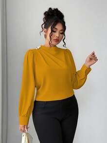 Elenzga 大码纯色褶皱领优雅时尚长袖衬衫 - 黃色 - 查看 4