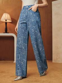 Anewsta Tulum Heavy Jacquard Fabric Women's Blue Straight Leg Jeans - Blue - View 5