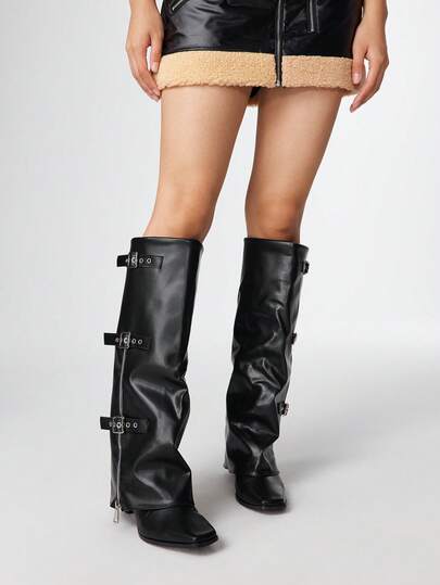 Grunge Punk Women's Multiple Buckle Zipper Decor Square Toe Stiletto Heel Tall Boots