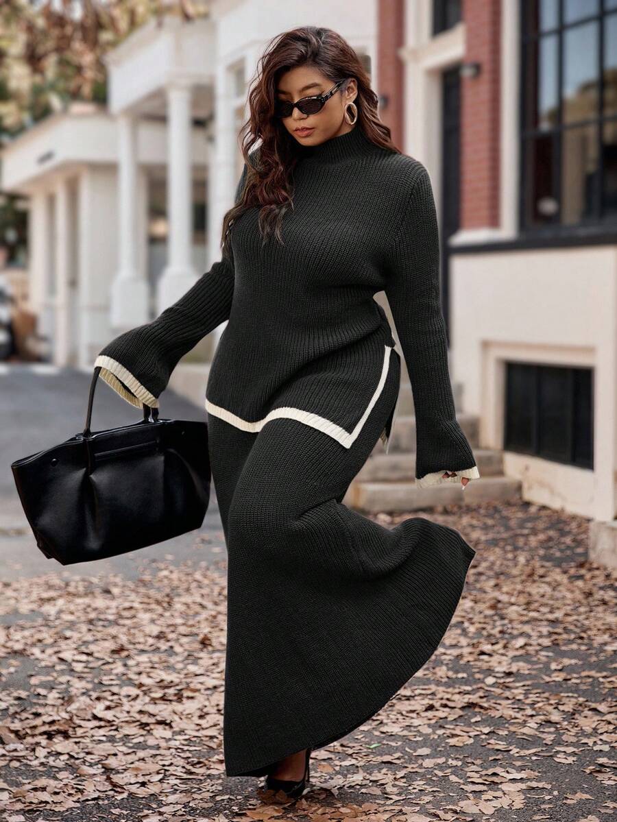 SHEIN CURVE+ 大码针织法式撞色滚边长袖不对称下摆开衩休闲通勤优雅毛衣上衣，搭配常规腰部宽松直筒针织半裙，适合秋冬季穿着。 - 黑色 - 查看 1