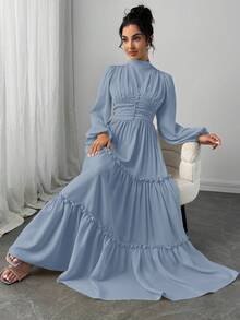 Veilorie Women's Solid Color Stand Collar Lantern Sleeve Ruffle Hem Dress - Blue - View 6