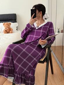 Dream Adore 女士紫色格子印花荷叶边蕾丝V领蝴蝶结丝滑长袖睡裙，休闲日常中长连衣裙 - 紫色 - 查看 5