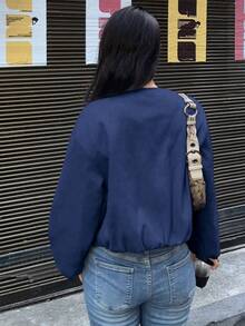 Chiquease Women's Solid Color Front Zipper Drop Shoulder Long Sleeve Short Jacket - Navy Blue - View 2