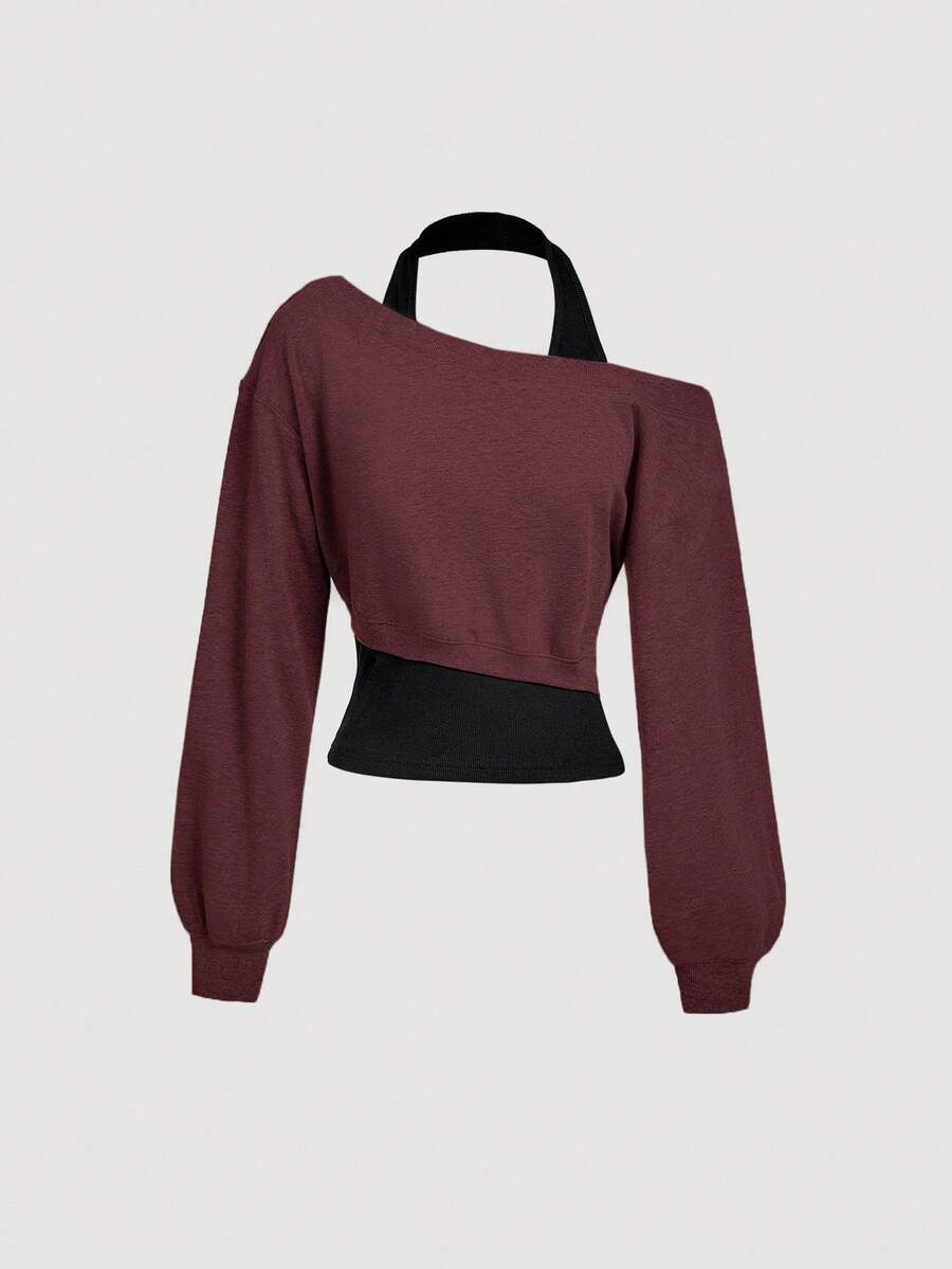 SHEIN MOD Women Asymmetrical Neck Grey 2 In 1 Sweatshirt In Fall/Winter - Burgundy - View 1