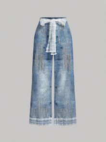 SHEIN MOD Women's Casual Fashion Street Denim Print Loose Wide Leg Pants With Embroidered Mesh Belt,Fall/Winter,New Year,Elegant ,New Year Look,Christmas,Preppy,Lace Belt,Denim Print Pants,Casual, Comfortable,Retro,Vintage,,Straight Pants,Chic Pants For Women - Blue - View 2