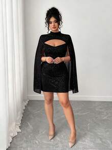 Elenzga 大码女式立领镂空设计斗篷性感优雅连衣裙 - 黑色 - 查看 3