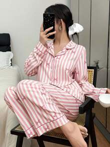 SHEIN 女士蝴蝶结条纹印花翻领长袖睡衣套装，冬季服装 - 粉色 - 查看 5