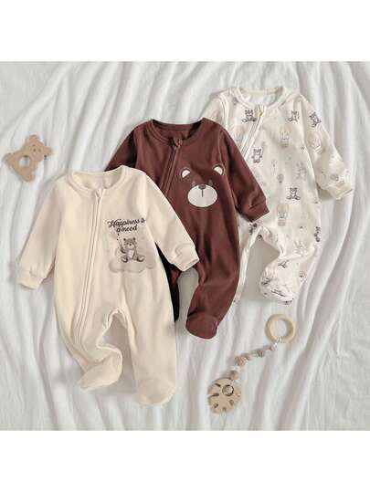Loomiva 新生儿男/女宝宝三件套：卡通熊图案针织柔软圆领长袖连体衣和裤子