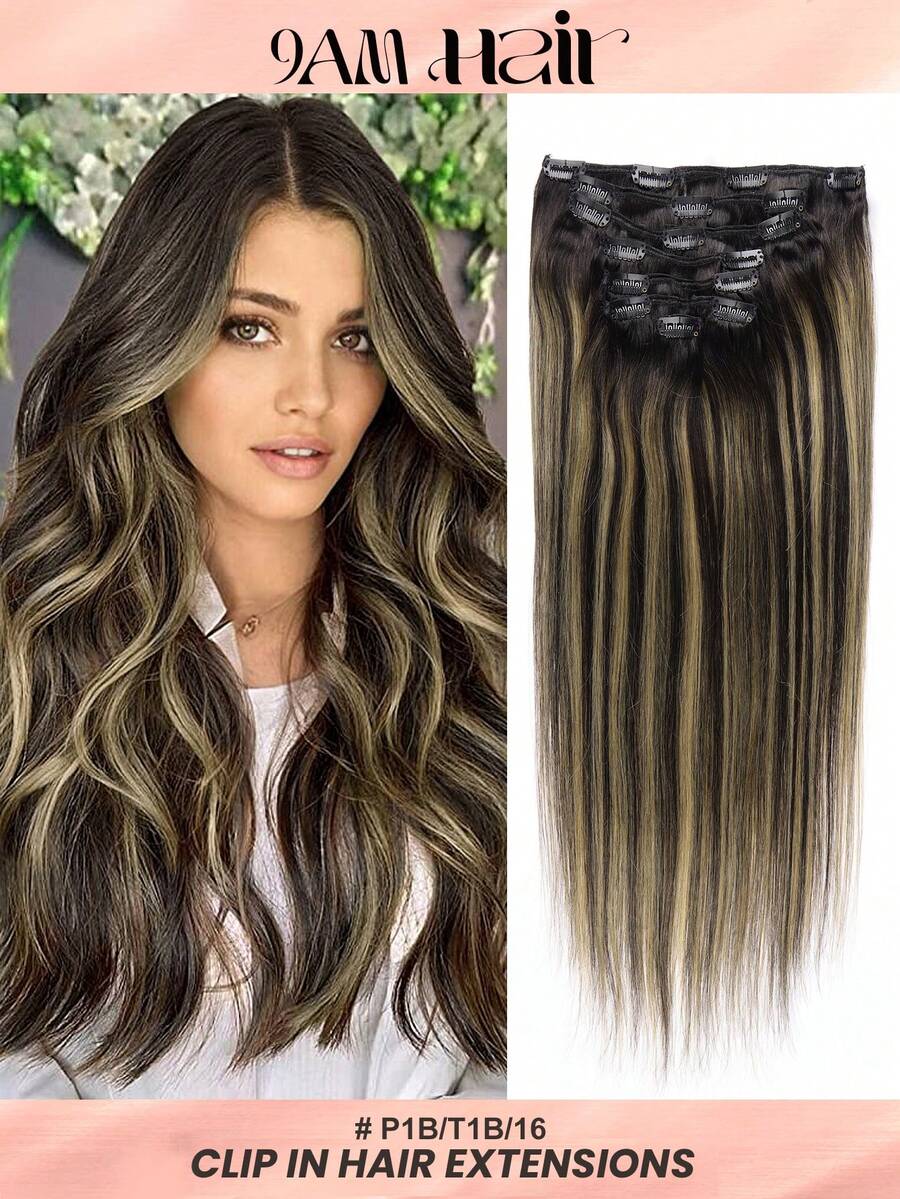 Clip In Hair Extensions Real Human Hair 120g 7pcs Clip In Extensions #TP1B/16/1B Ombre Natural Black With Golden Blonde Straight Remy Hair Clip In Hair Extensions - S1B/16/1B - View 1