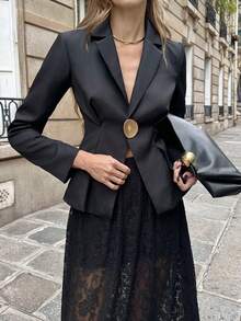 SHEIN PariChic 女士黑色优雅蕾丝透视浪漫花朵网眼不对称金属纽扣开衩中长复古风格度假春夏秋冬修腰西装外套和裙子两件套万圣节服装外出 - 黑色 - 查看 3