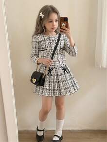 Elladie kids 两件套女童格子多色蝴蝶结装饰长袖上衣和百褶裙套装，优雅休闲舒适，适合派对、度假、户外活动、四季皆宜，尤其适合秋冬季节。 - 彩色 - 查看 3