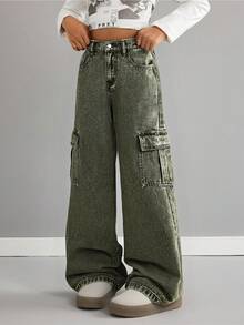 Tween-Mädchen Stilvolle Vintage Stonewashed Oversized Grüne Denim Cargo Jeans für Herbst/Winter Alltagskleidung, Streetwear, Weihnachten, Neujahr, Thanksgiving, Modisch