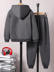 SHEIN Vacaura 2 件 Tween Boy 休闲拉链落肩连帽运动衫和慢跑裤套装，秋季 - 灰色 - 查看 2