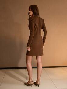MOTF PREMIUM AUTUMN/WINTER FASHION SOFT V-NECK RUCHED BODYCON MINI KNIT DRESS FOR WOMEN - Coffee Brown - View 3