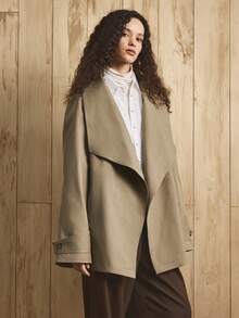 GENKIRA 女士开襟腰带系带插肩袖袖袢日常通勤风衣秋冬休闲款 - 卡其色 - 查看 3