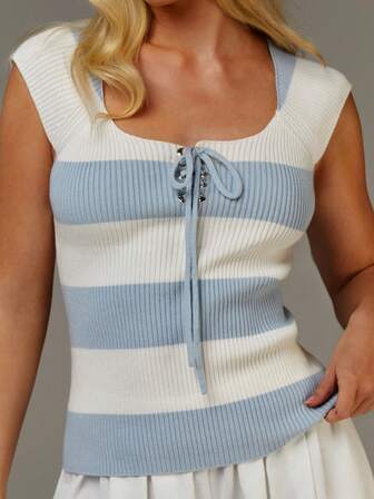 Athîral Women's Casual Blue And White Striped Openwork Tie-Neck Striped Knit Vest, Blue And White Vest,Casual Outfit For Women,Casual Blouse For Women,New Year Clothes,Summer Outfit For Women,Striped Top