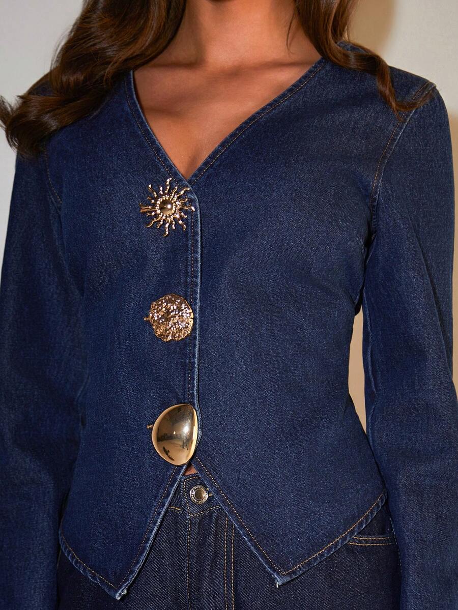 COSMINA Denim Women's Solid Color V-Neck Metal Button Casual Long Sleeve Denim Blouse - Blue - View 1