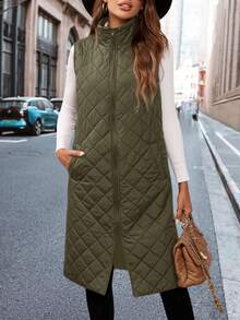 SHEIN Clasi 秋冬季无袖中长款绗缝背心，配有斜插口袋和菱形绗缝设计 - 彩色 - 查看 6