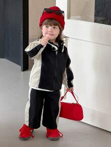 DAZY 2pcs Baby Girls Casual Color Block Patchwork Korean Style Jacket And Long Pants Set Toddler Girls Clothes - Black and White - View 4