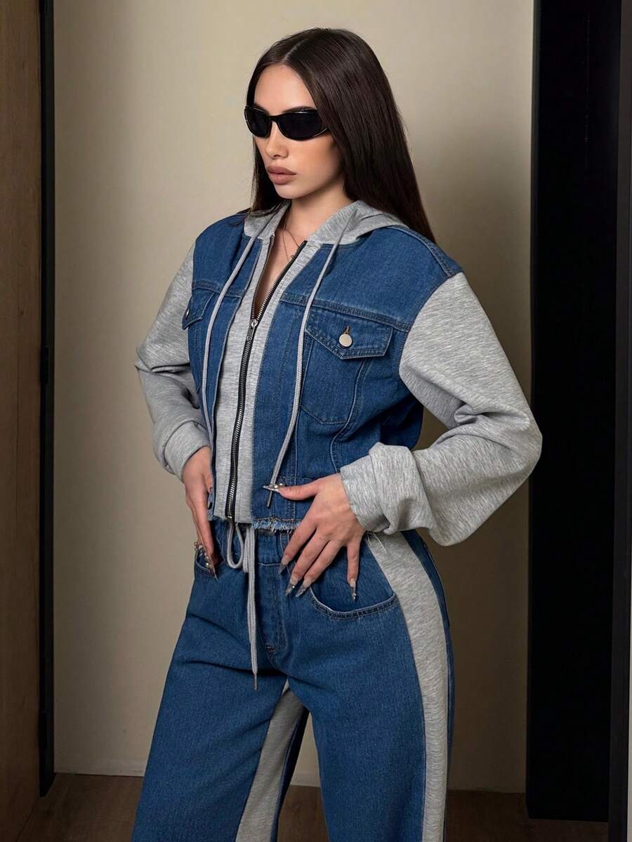 Jeanoix Women's Autumn Contrast Color Zipper Hooded Drawstring Casual Denim Jacket - Blue - View 1