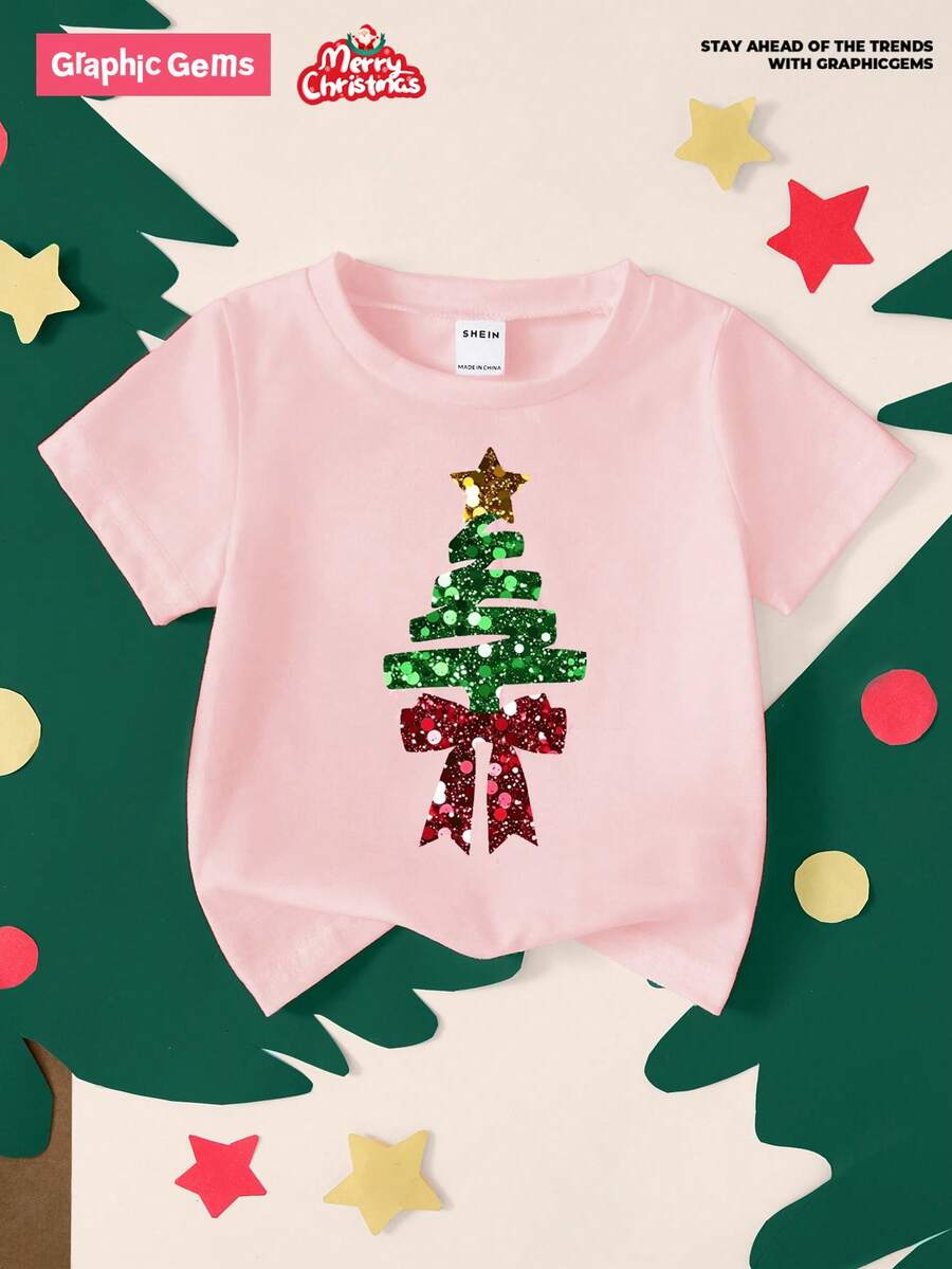 GraphicGems Crăciun pentru fetițe: Tricou simplu cu mânecă scurtă, cu aspect creativ de brad de Crăciun, cu paiete, fundă, imprimeu de stele, potrivit pentru petreceri și ieșiri de Crăciun, tricou roz pentru Crăciun, tricou de Crăciun pentru pijamale de Crăciun pentru casual, tricou cu mânecă scurtă și guler rotund imprimat, funde - Roz - Vizualizare 1