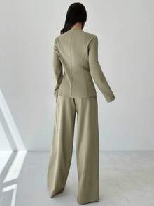 Firerie Bộ vest 2 món màu xám kaki thanh lịch, thời trang đường phố đa năng, đi làm hàng ngày dành cho nữ, mới ve áo bất đối xứng, cài nút ở eo, tay dài và quần dài cạp cao, quần áo thu đông dành cho nữ - Màu xanh Ô liu - Xem 6